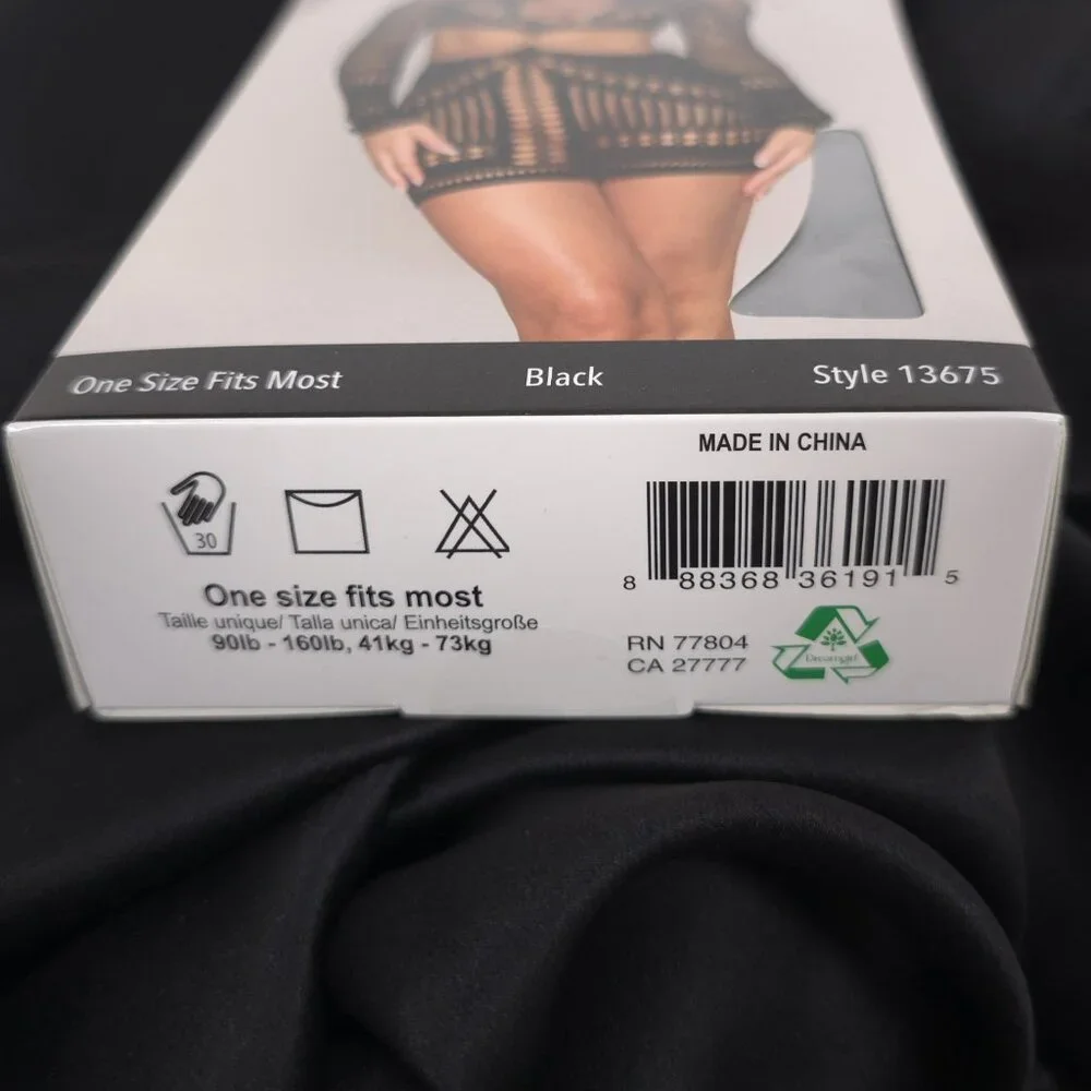 Dreamgirl Black Fishnet Chemise Dress Long Sleeve‎ Cutout Seamless Mini Lingerie